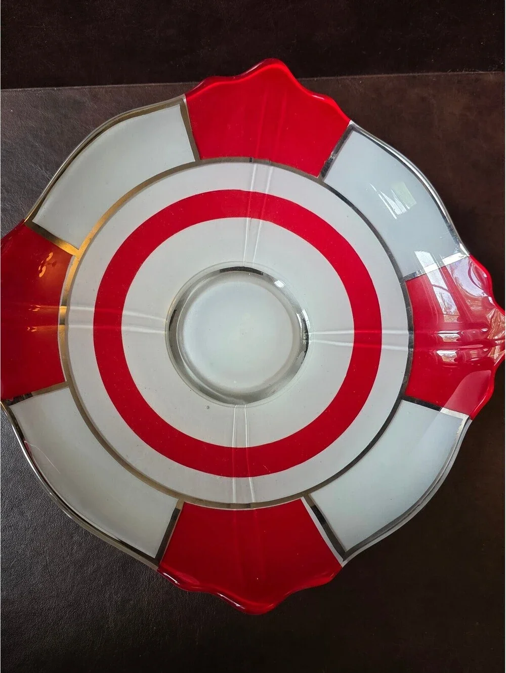 1930s Art Deco Indiana Moderne Classic Red & White Enamel, Platinum Ftd Bowl